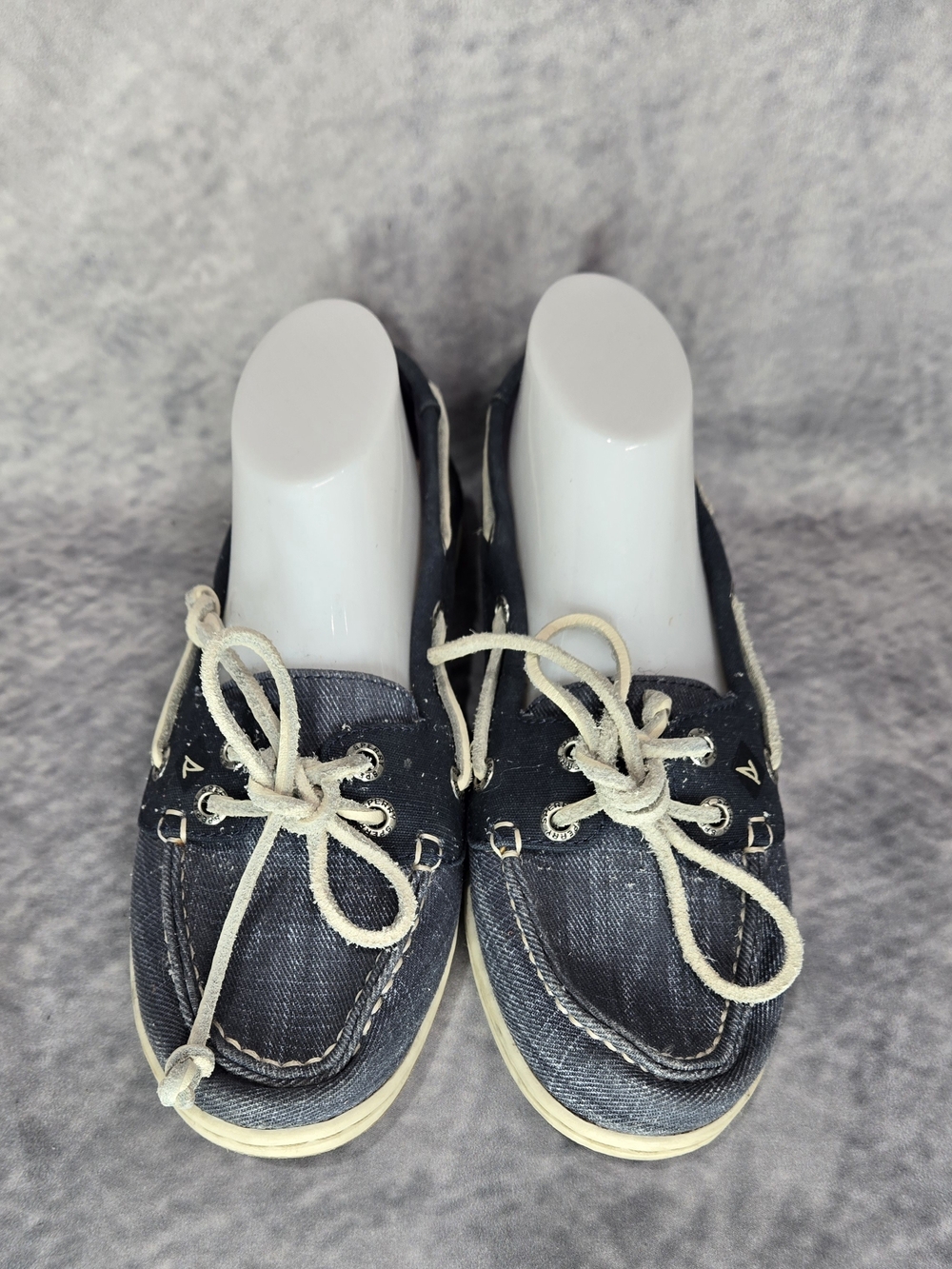 Sperry Navy Denim Moccasin Boat Shoes with Cream Laces